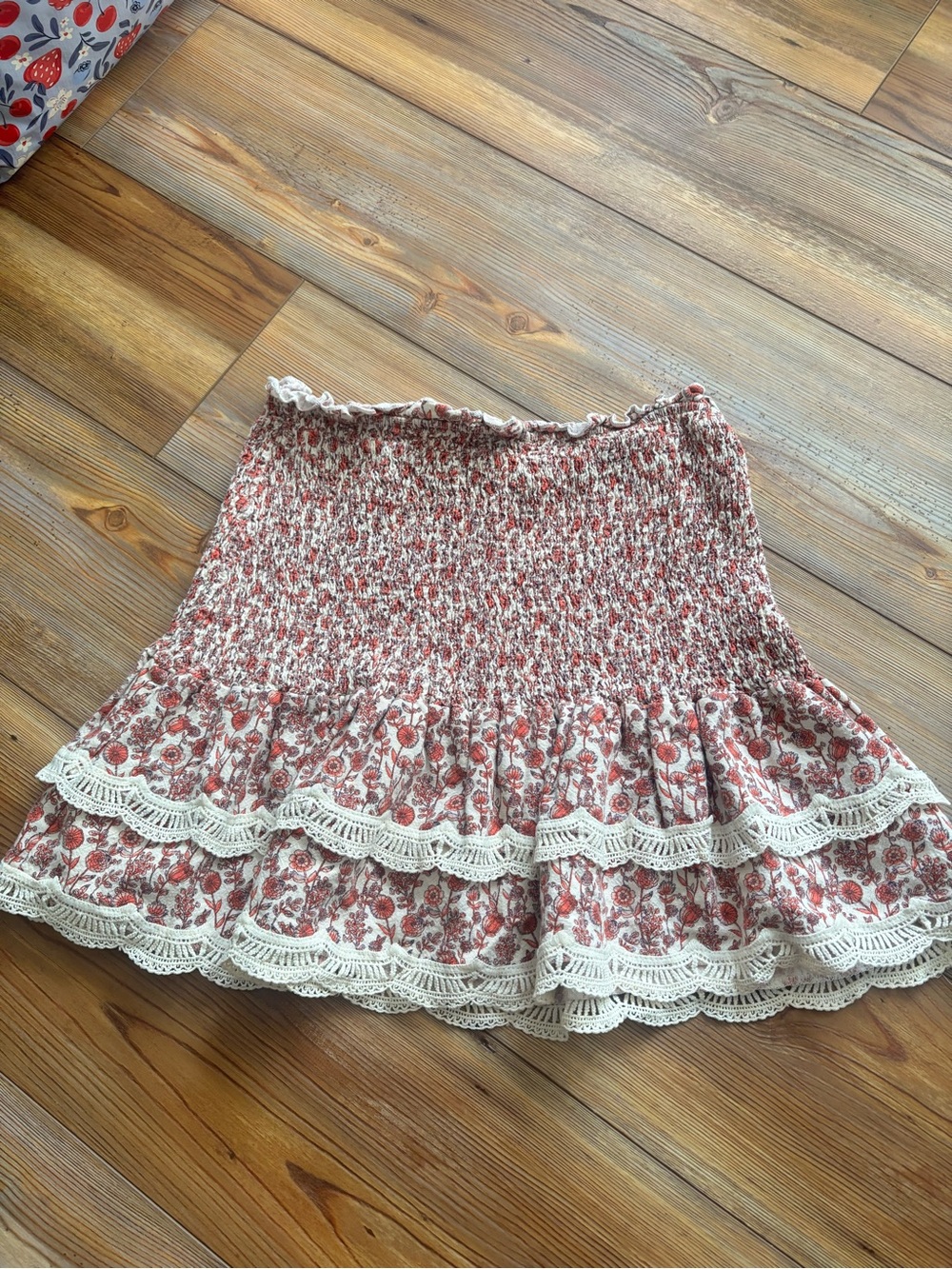 moodie Rose Floral Smocked Mini Skirt with Lace Trim